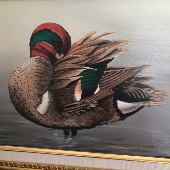 Vintage MCM Signed Green Wing Teal duck artwork beautiful framed painting . - Picture 2 of 6
